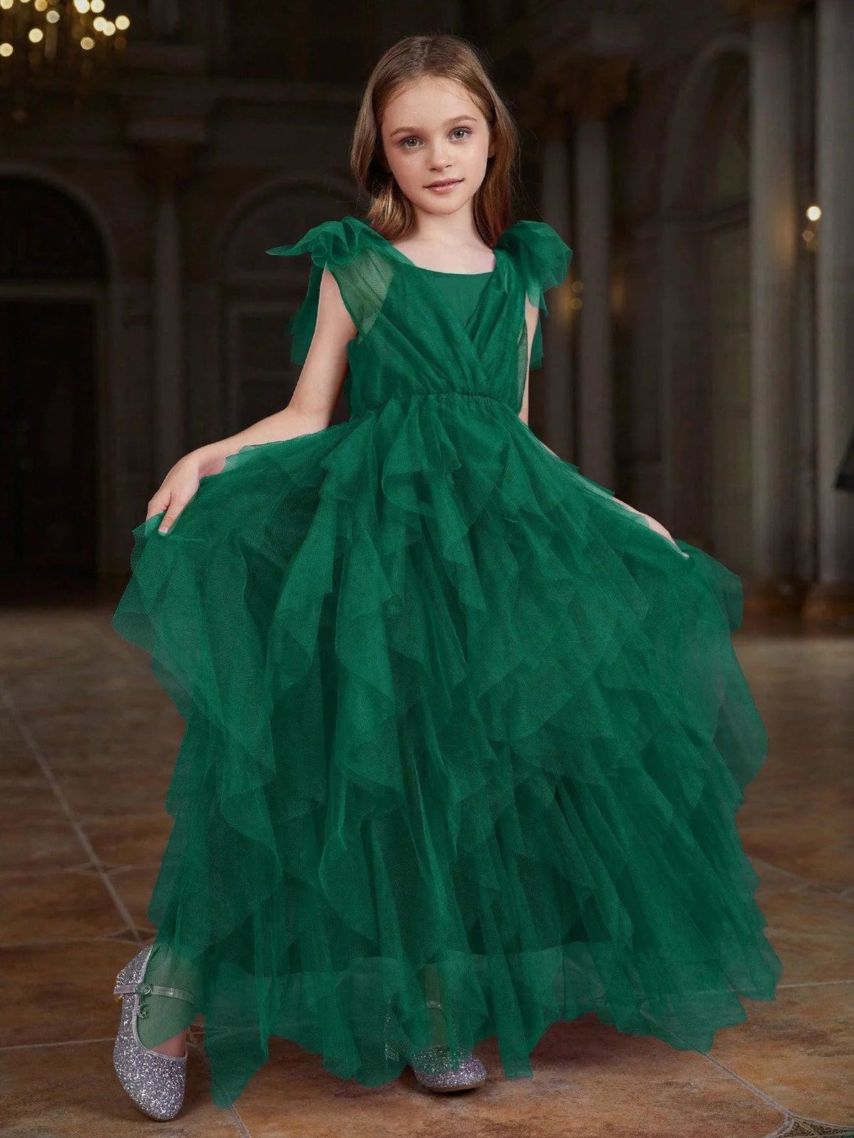 Alternate view of Mesh Overlay A-Line Sleeveless Maxi Tween Girls' Party Dress in Dark Green
