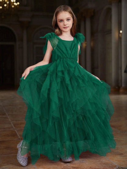 Alternate view of Mesh Overlay A-Line Sleeveless Maxi Tween Girls' Party Dress in Dark Green