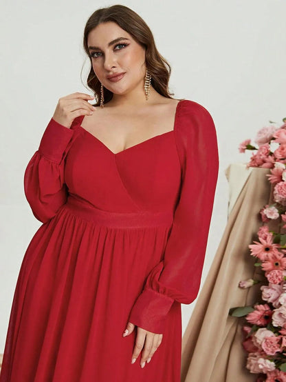 Plus Sweetheart Neck Backless Long Sleeve Chiffon A line Dress