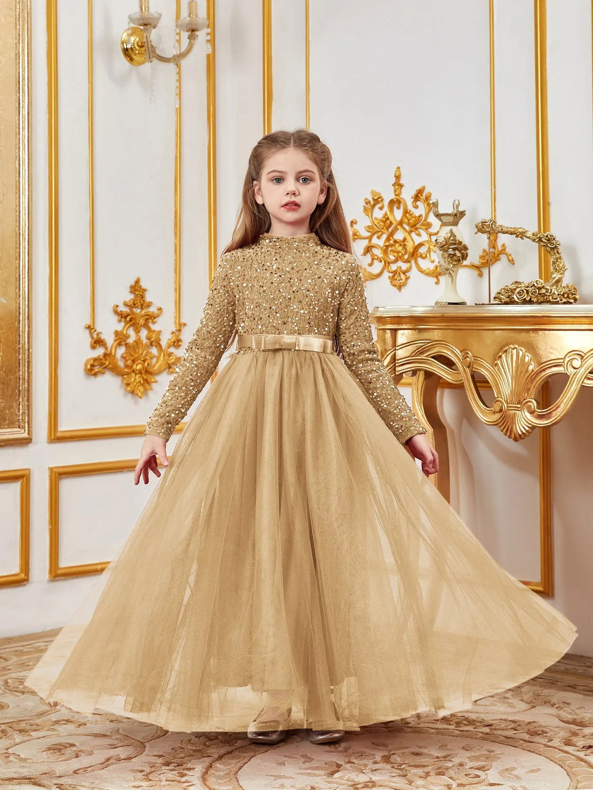 Additional product view of Bow Detail Mock-Neck Sequin A-Line Long-Sleeve Tween Girls' Party Dress