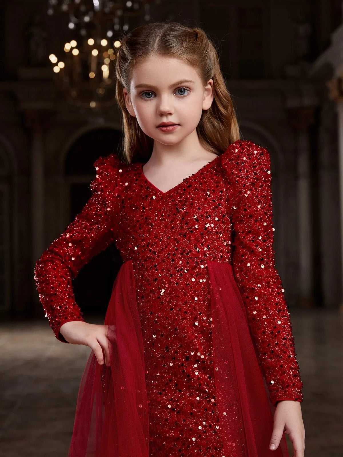 Additional product view of Mesh Overlay V-Neck Sequin Mermaid Long-Sleeve Tween Girls' Party Dress