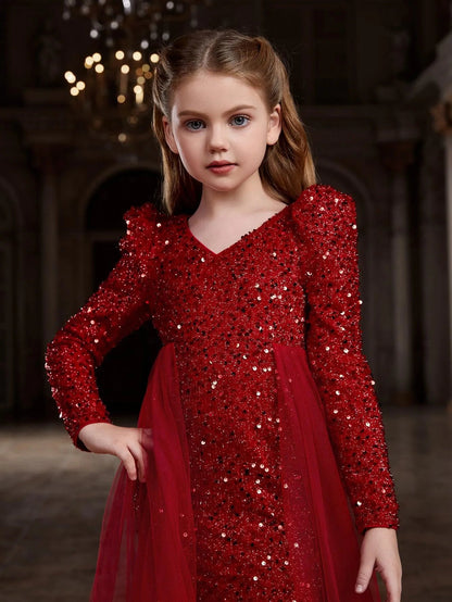 Additional product view of Mesh Overlay V-Neck Sequin Mermaid Long-Sleeve Tween Girls' Party Dress