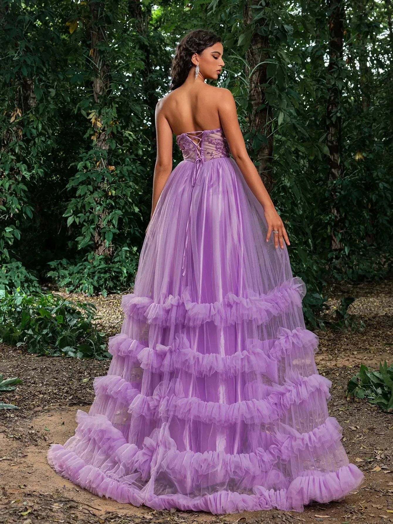 Floral Sequin Bodice Cascading Ruffle Hem Tulle Prom Dress — authorized product image 2