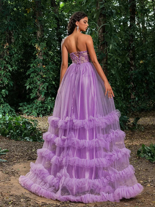 Floral Sequin Bodice Cascading Ruffle Hem Tulle Prom Dress — authorized product image 2