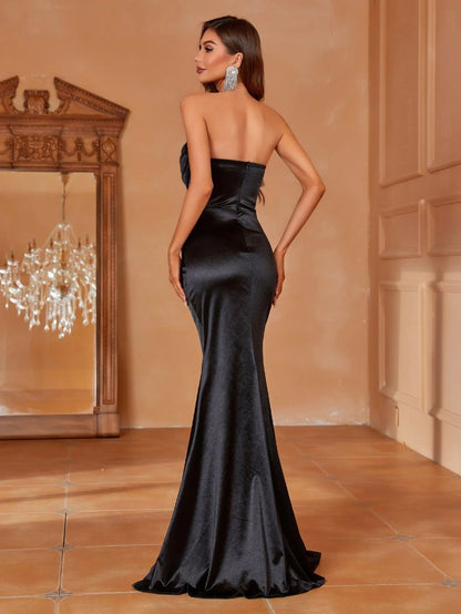 Additional product view of Ruched Wrap Mermaid Hem Strapless Satin High-Slit Evening Gown