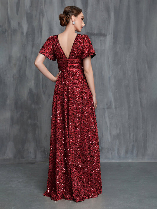 Women's Plunging Neck Butterfly Sleeves Sequin Formal Dress – view 2