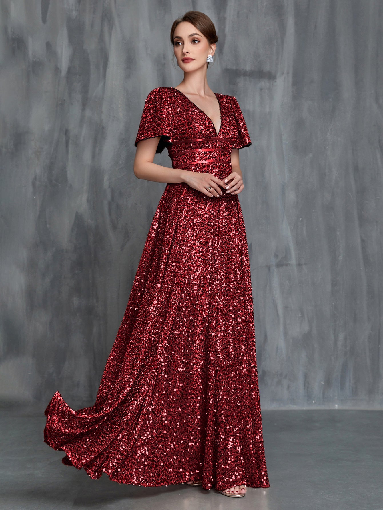 Women's Plunging Neck Butterfly Sleeves Sequin Formal Dress – view 4