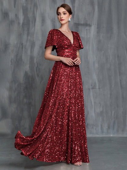Women's Plunging Neck Butterfly Sleeves Sequin Formal Dress – view 4