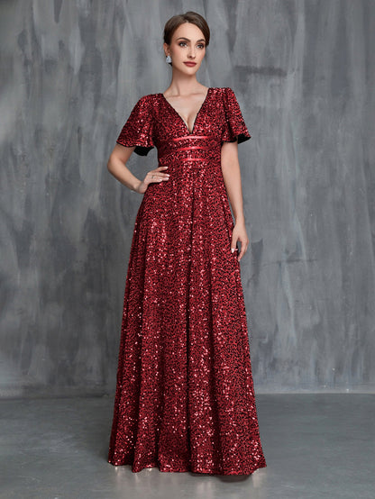 Women's Plunging Neck Butterfly Sleeves Sequin Formal Dress – view 3