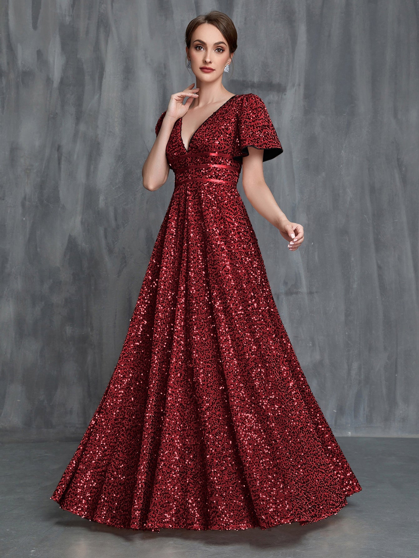 Women's Plunging Neck Butterfly Sleeves Sequin Formal Dress