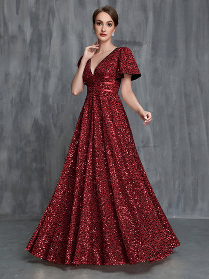 Women's Plunging Neck Butterfly Sleeves Sequin Formal Dress