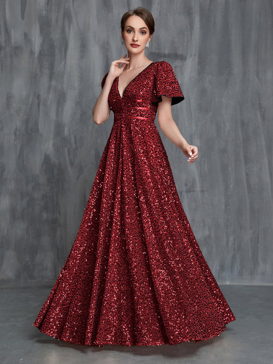 Women's Plunging Neck Butterfly Sleeves Sequin Formal Dress