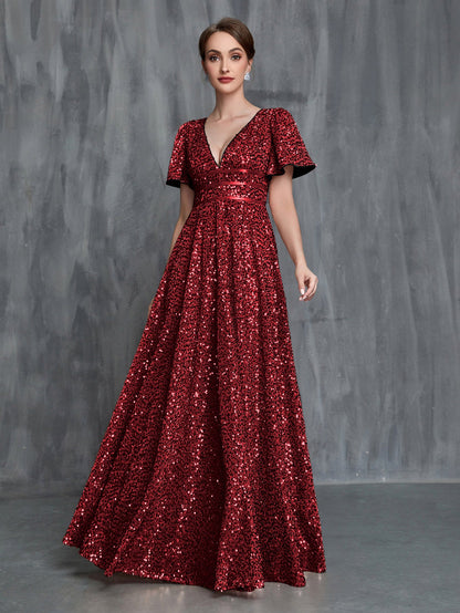 Women's Plunging Neck Butterfly Sleeves Sequin Formal Dress – view 5