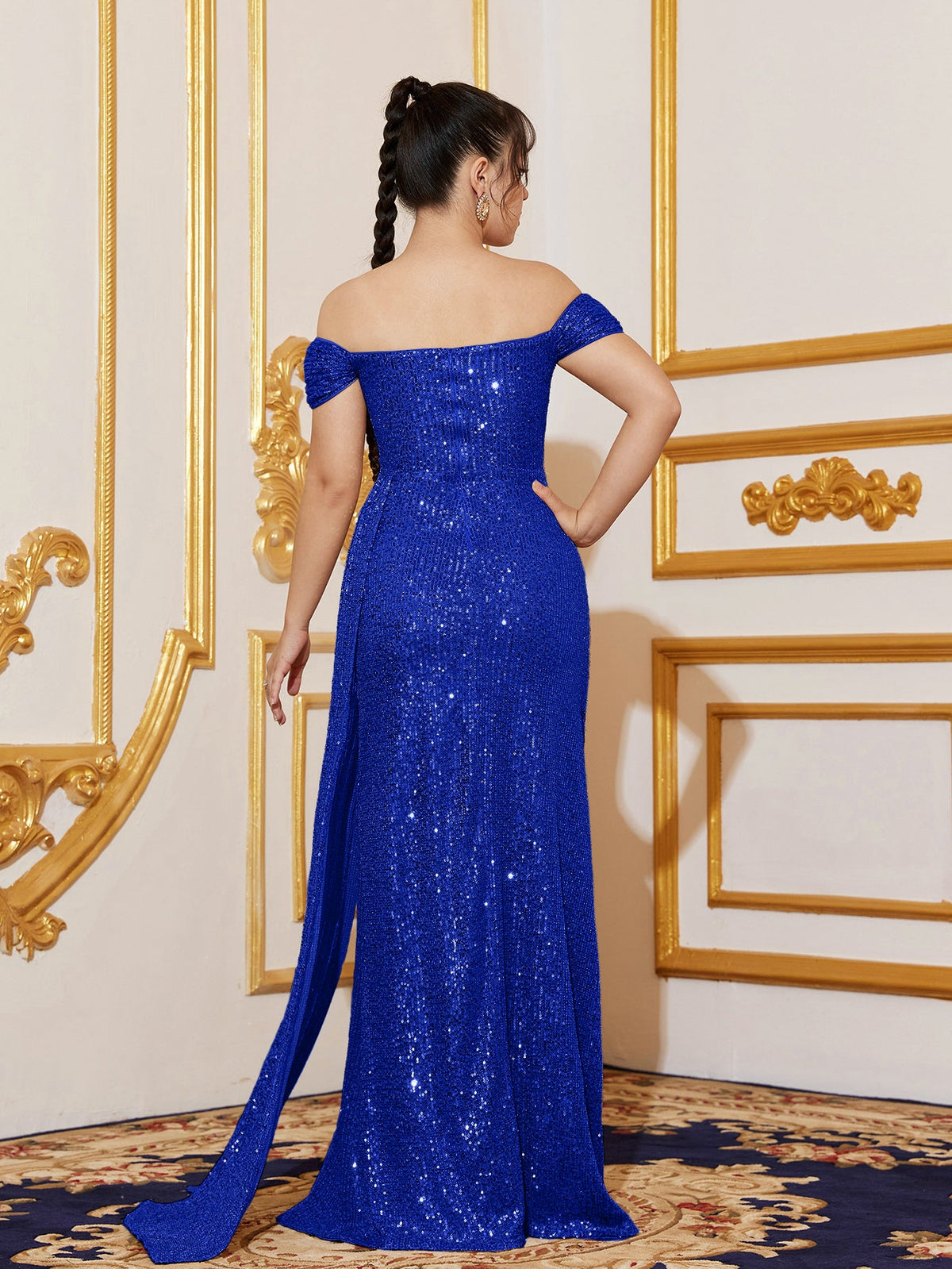 Additional product view of Draped Side Split Hem Off-Shoulder Sequin Sheath Teen Girls' Party Dress