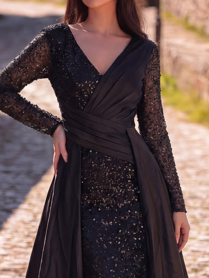 Sequin Evening Gown with Sheer Long Sleeves, Deep V-Neck & Back V-Cut | Elegant High Slit Formal Dress for Special Occasions