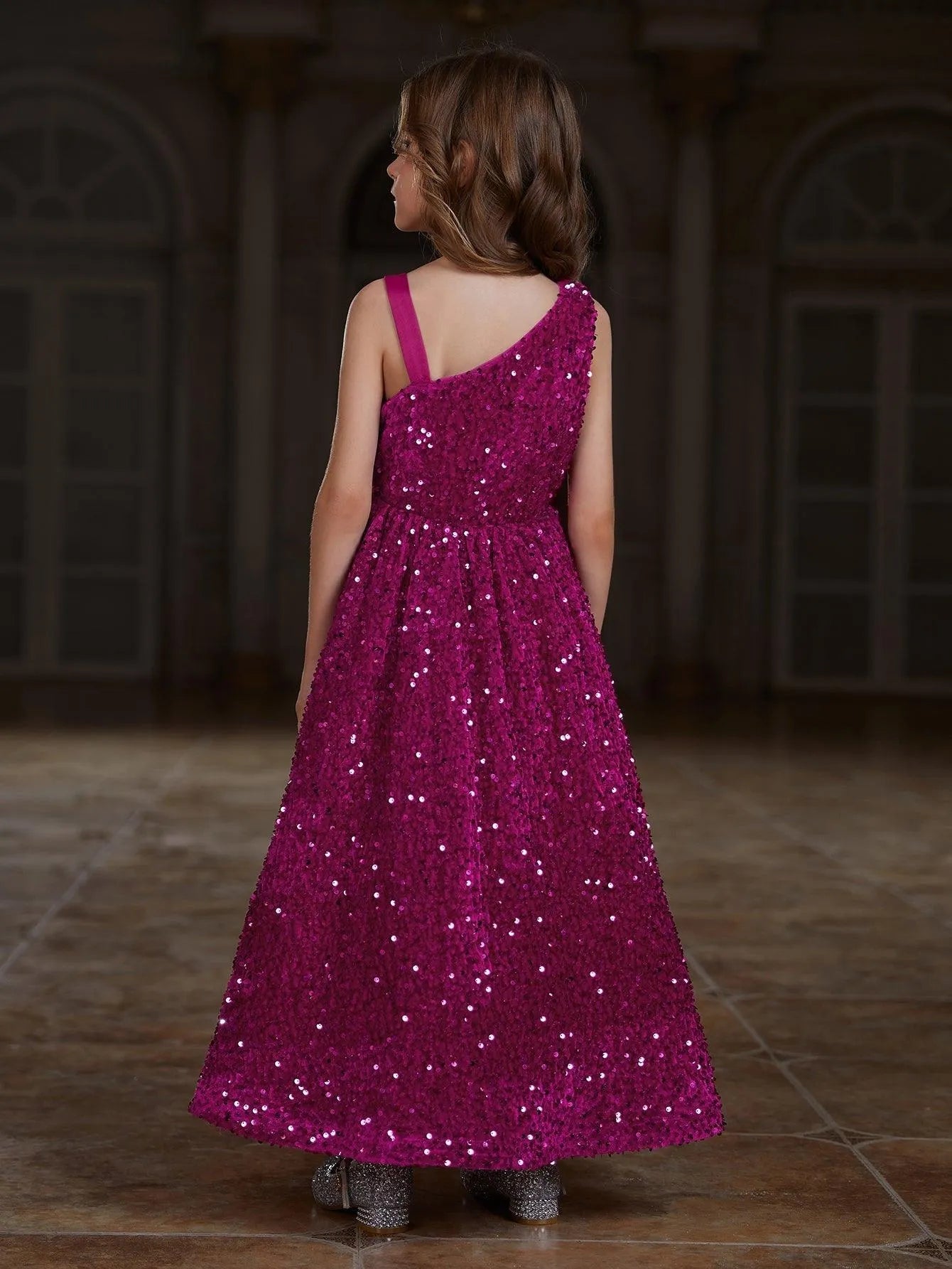 Additional product view of Asymmetrical Neckline Sequin A-Line Sleeveless Maxi Tween Girls' Party Dress
