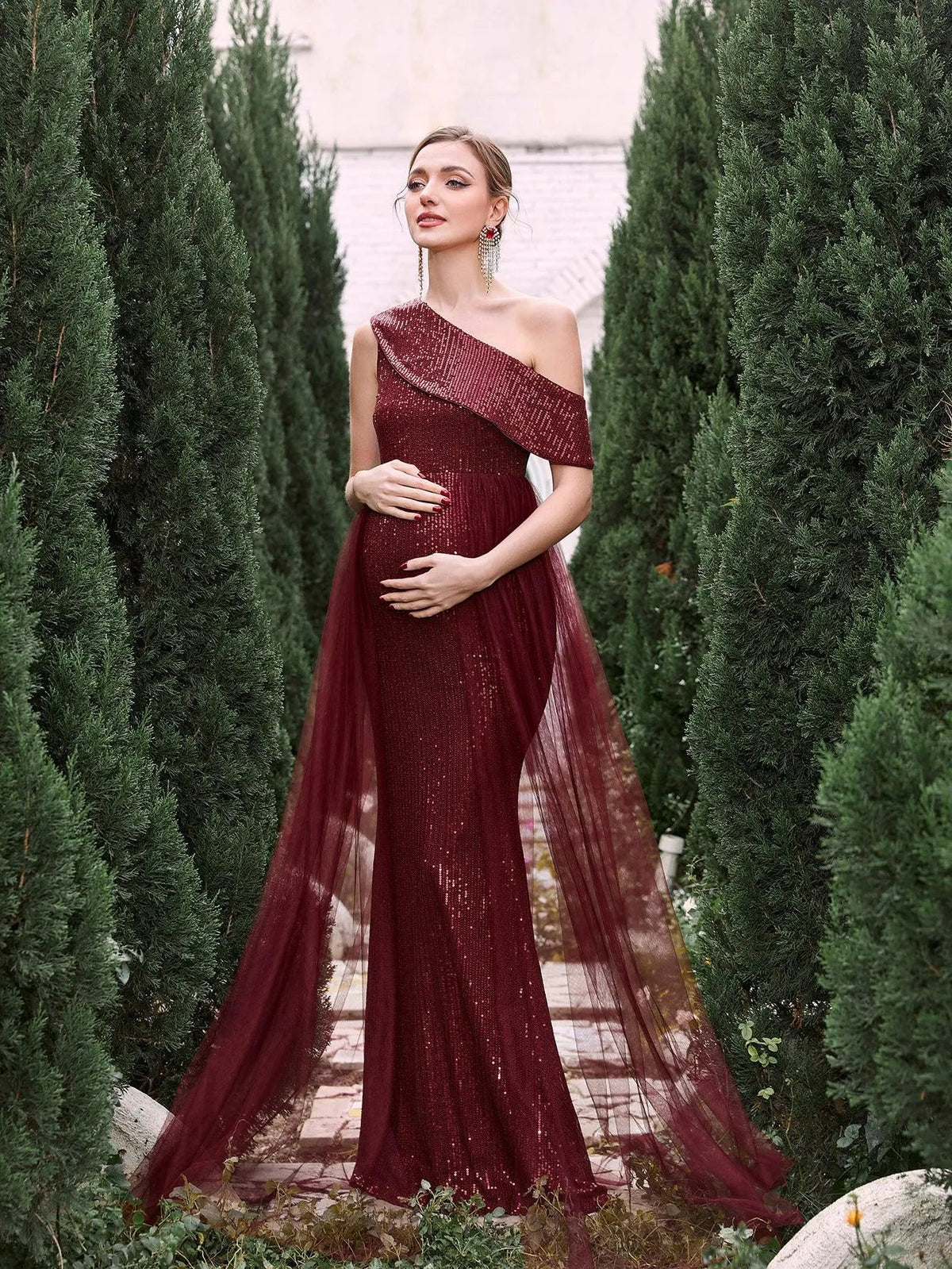 Additional product view of Mesh Overlay One-Shoulder Mermaid Sleeveless Sequin Maternity Evening Dress