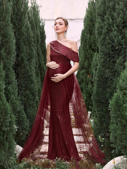 Additional product view of Mesh Overlay One-Shoulder Mermaid Sleeveless Sequin Maternity Evening Dress