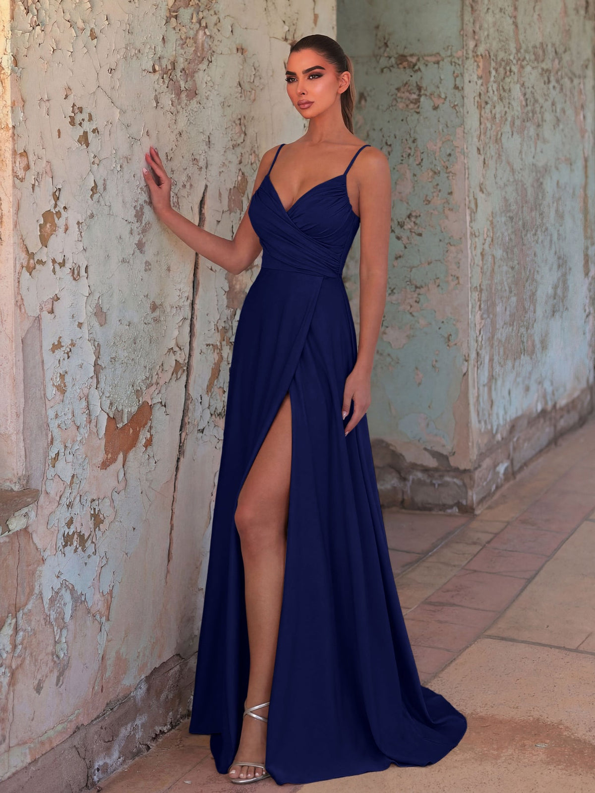 Additional product view of Cami Strap High-Slit Knit A-Line Sleeveless Evening Gown