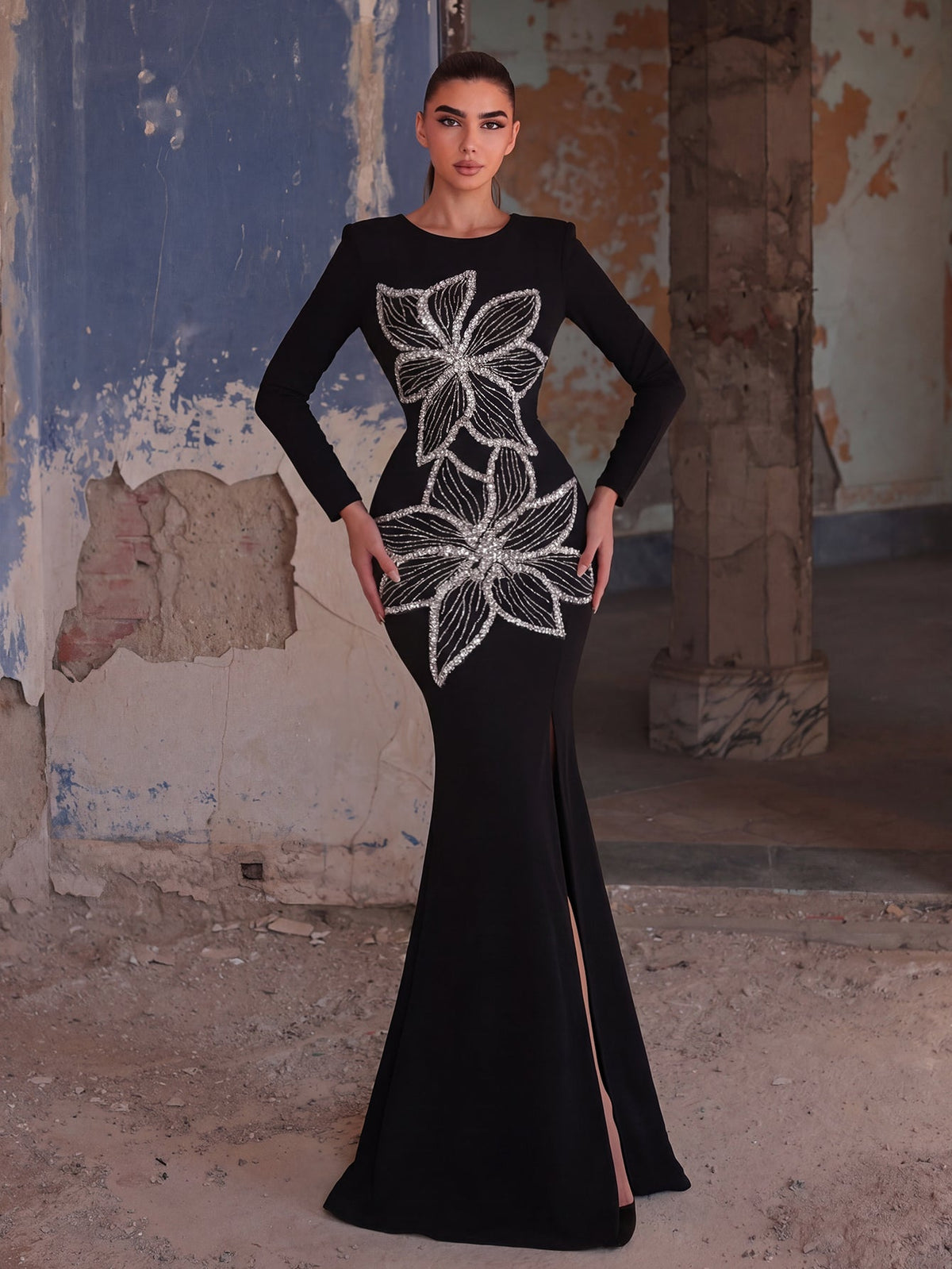 Sequin Floral Embellished Gown | High Neck Long Sleeve Maxi Dress with V-Back & High Side Slit | Formal Evening Dress for Parties, Galas, Proms