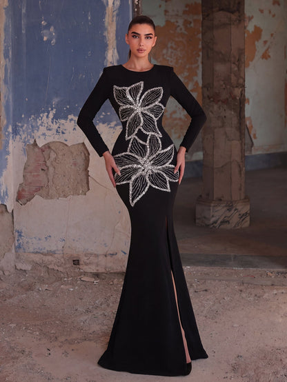 Sequin Floral Embellished Gown | High Neck Long Sleeve Maxi Dress with V-Back & High Side Slit | Formal Evening Dress for Parties, Galas, Proms