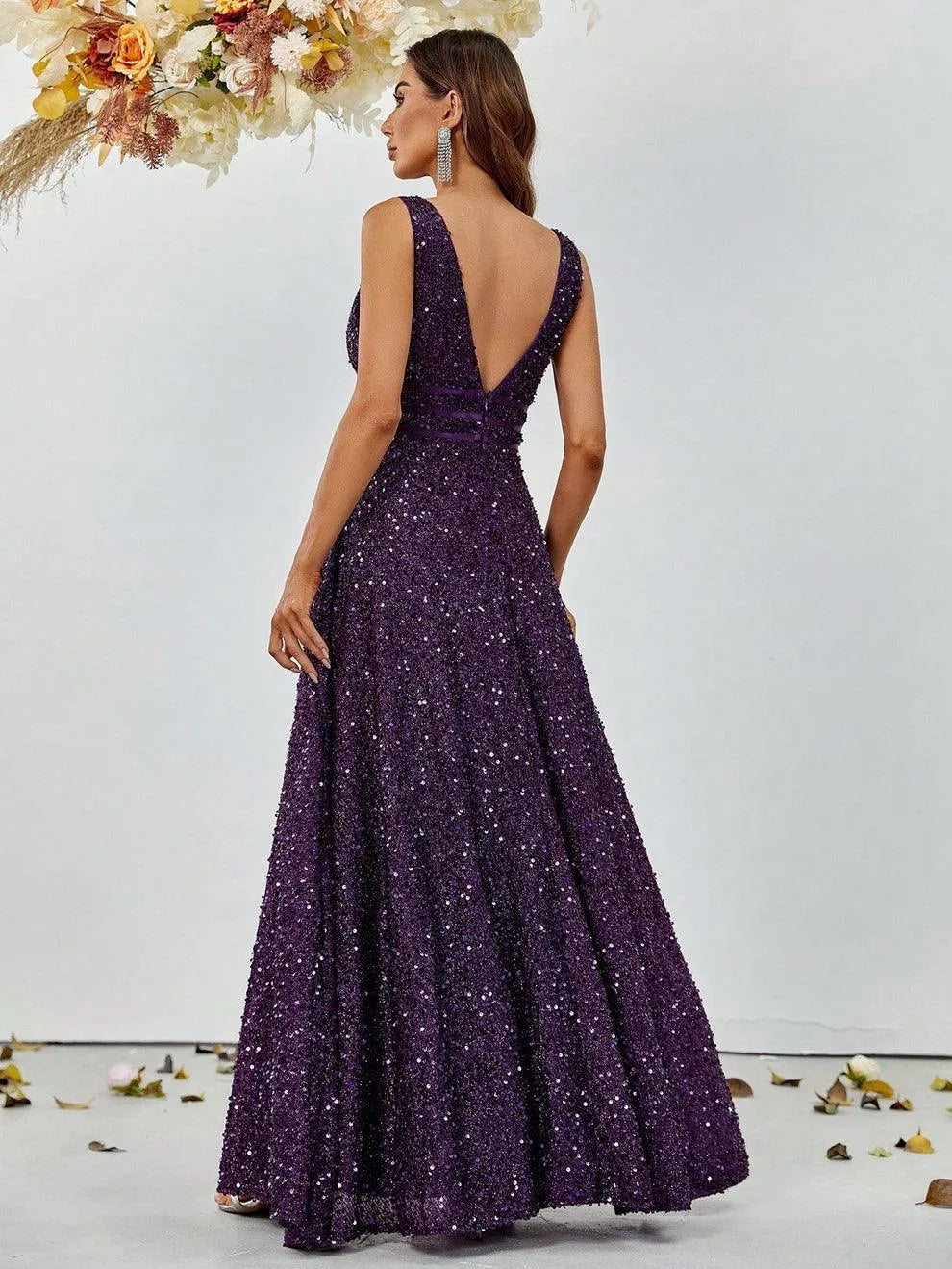 Elegant Deep V Neck Sequin A Line Prom Dresses