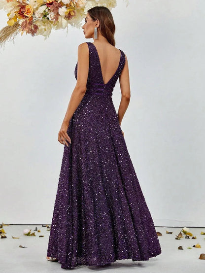 Elegant Deep V Neck Sequin A Line Prom Dresses