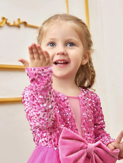 Additional product view of Bow-Front Sequin A-Line Long-Sleeve Mesh Young Girls' Party Dress