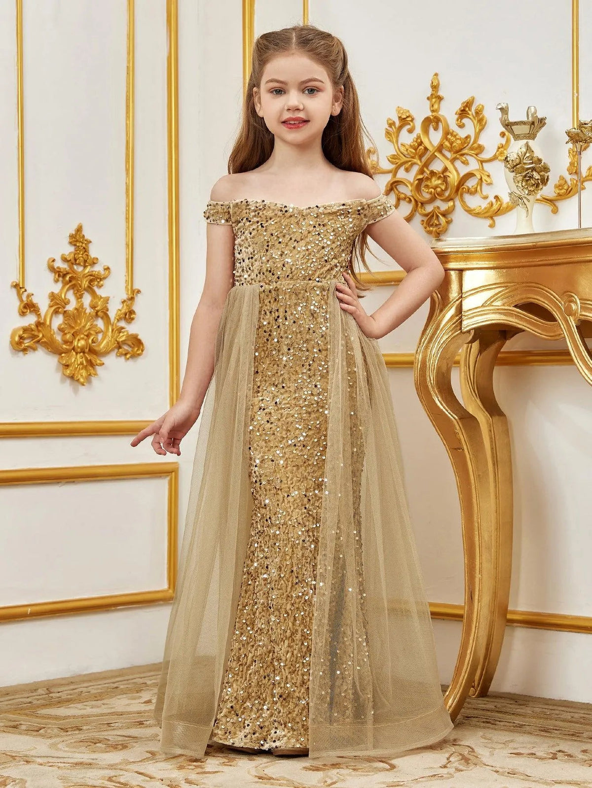 Additional product view of Mesh Overlay Off-Shoulder Sequin Mermaid Short-Sleeve Maxi Tween Girls' Party Dress
