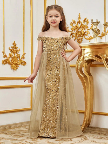 Additional product view of Mesh Overlay Off-Shoulder Sequin Mermaid Short-Sleeve Maxi Tween Girls' Party Dress