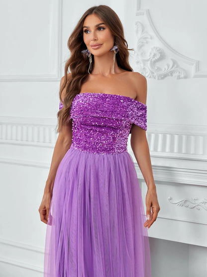 Off-Shoulder Sequin Bodice Mesh Hem Dress – view 6