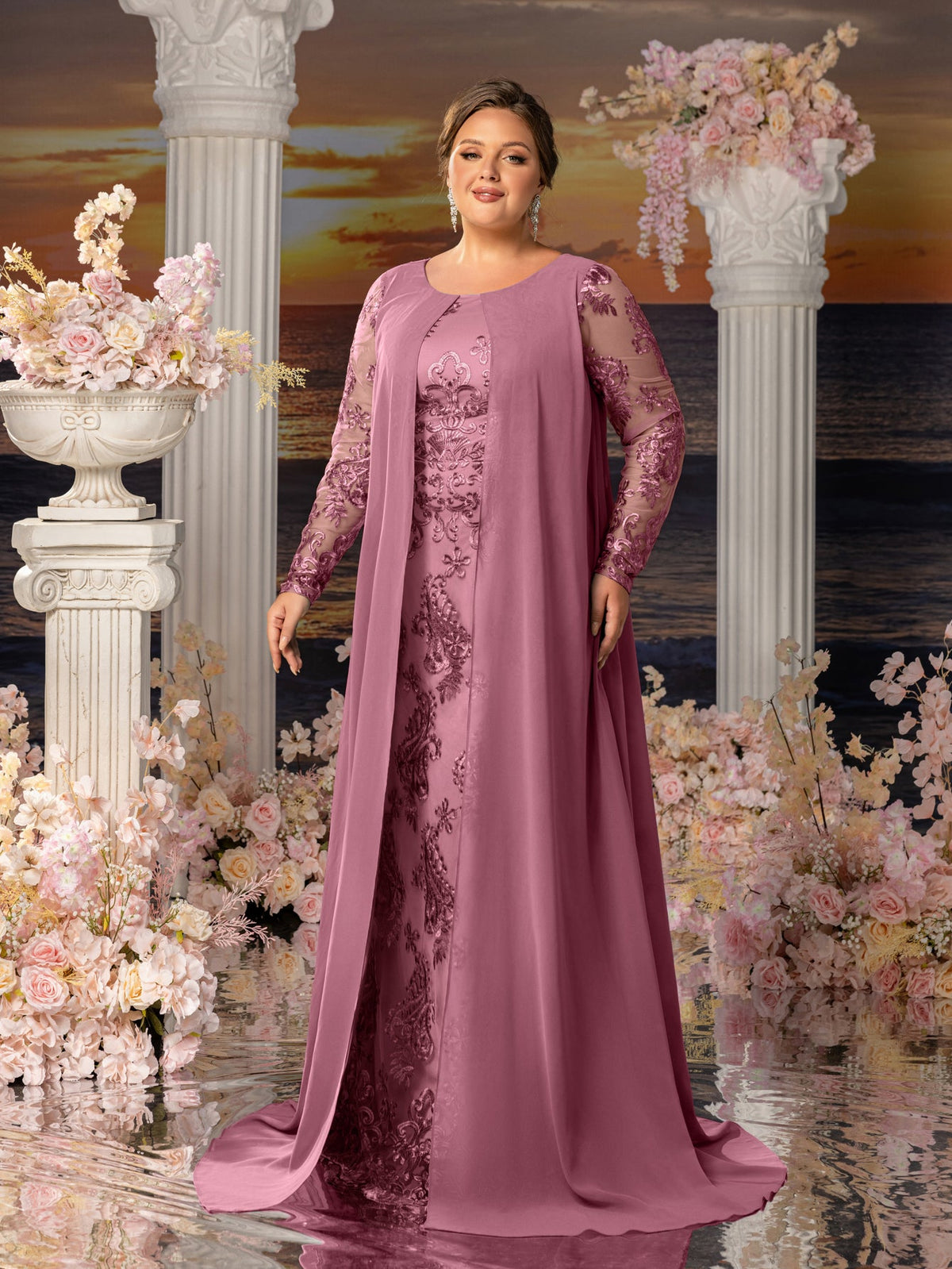 Additional product view of Plus-Size Lace Long-Sleeve Mermaid Floral Mother-of-the-Bride Dress