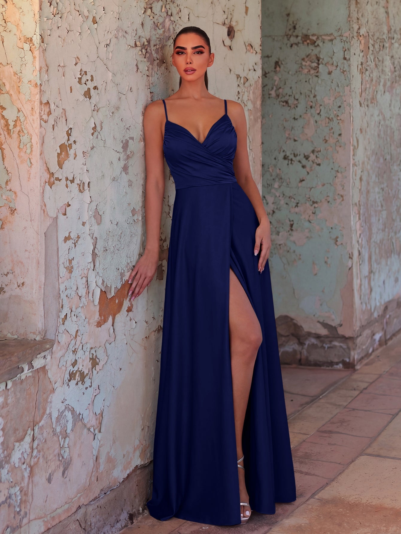 Additional product view of Cami Strap High-Slit Knit A-Line Sleeveless Evening Gown