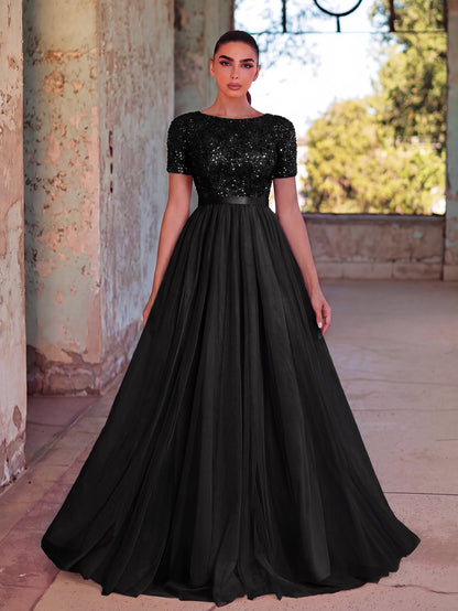 Alternate view of Tulle Skirt Boat-Neck Sequin A-Line Short-Sleeve Evening Gown in Black