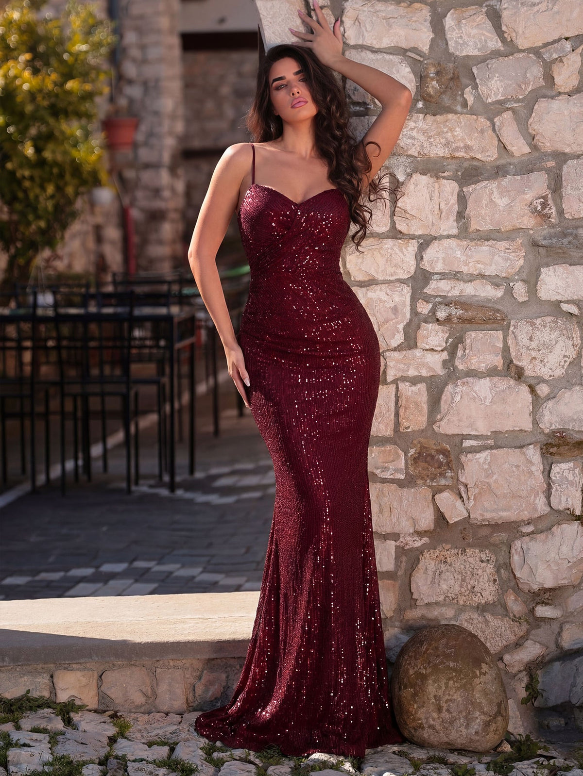 Additional product view of Ruched Wrap Cami Strap Sequin Mermaid Sleeveless Evening Gown