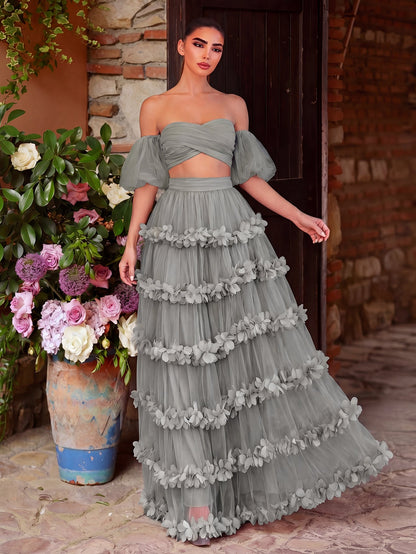 Off Shoulder Puff Sleeve Crop Top & Frill Trim Mesh Skirt – authorized supplier view 12