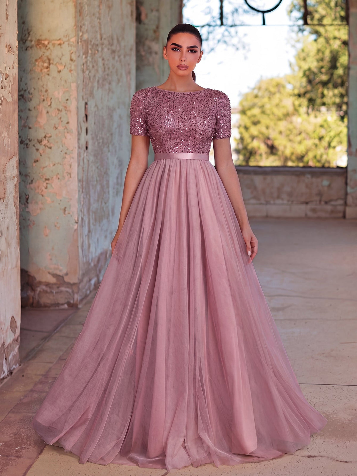 Additional product view of Tulle Skirt Boat-Neck Sequin A-Line Short-Sleeve Evening Gown