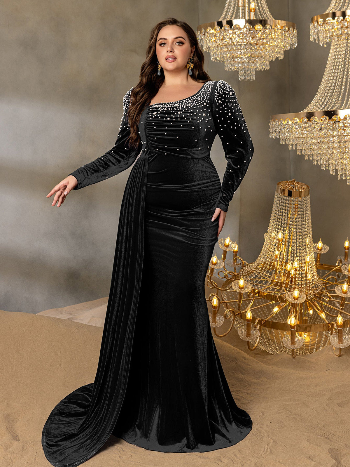 Plus Elegant Pearl Embellished Diagonal Neck Mermaid Hem Velvet Evening Dress