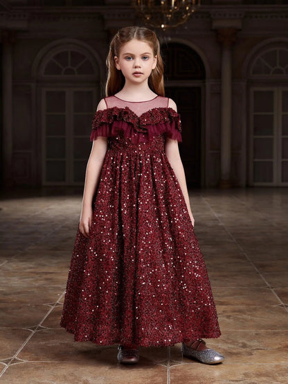 Tween Girls' Round Neck Sequin Tulle Short-Sleeve A-Line Formal Gown — authorized product image 4