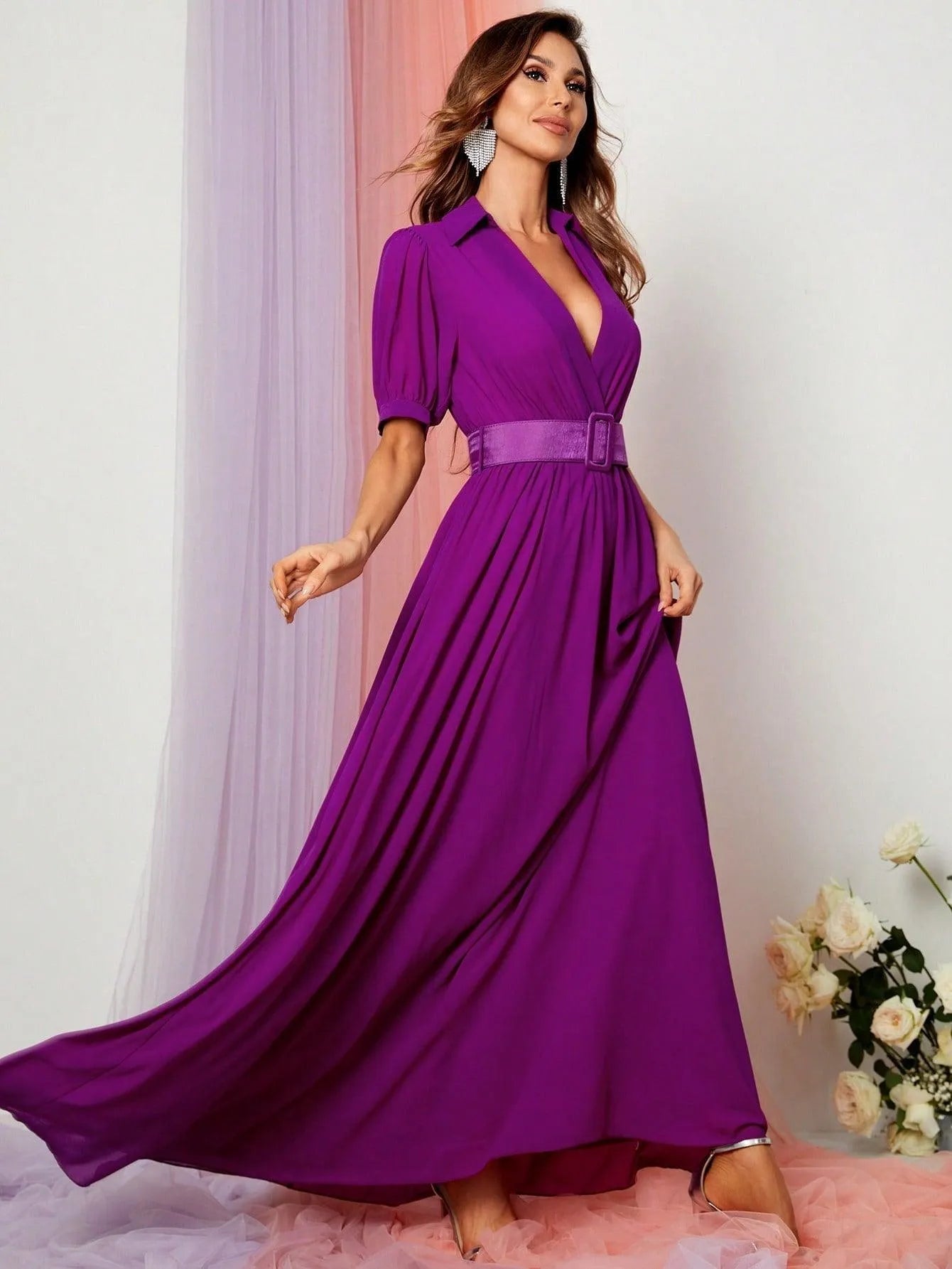 Additional product view of Deep V-Neck Puff-Sleeve Chiffon A-Line Maxi Evening Gown