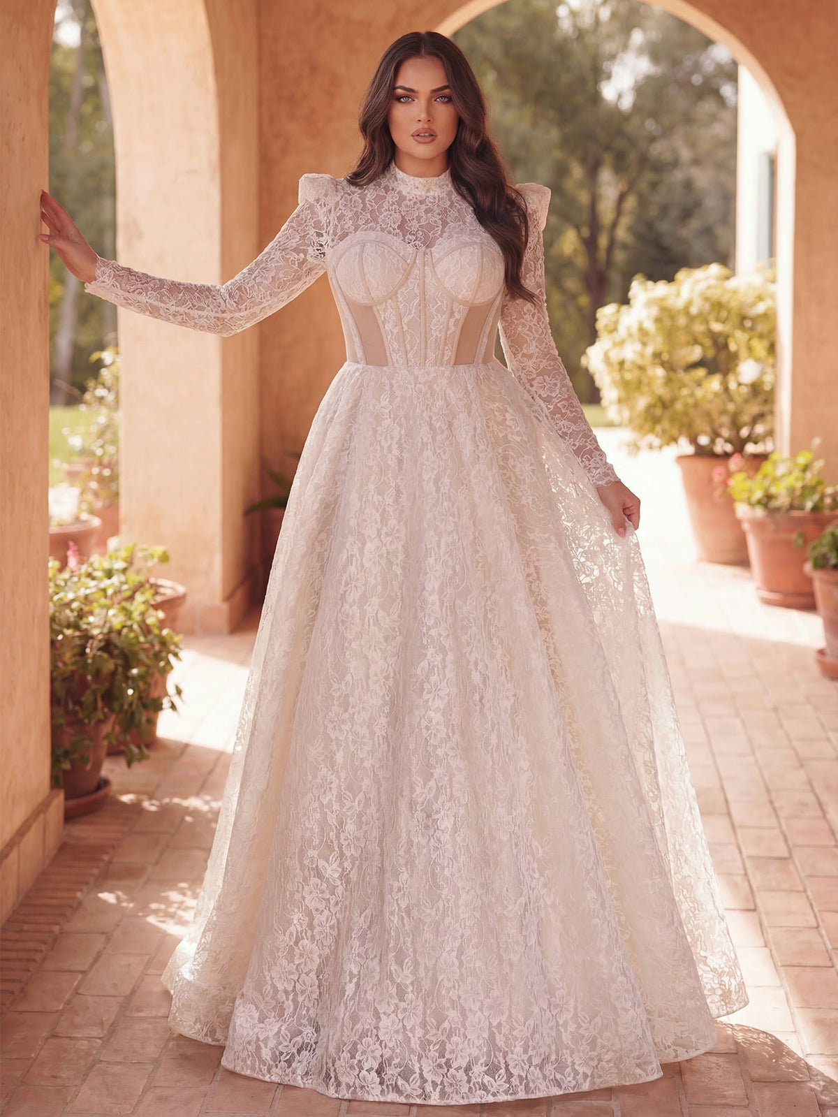 Plus-size white mock neck long-sleeve lace wedding dress, front view