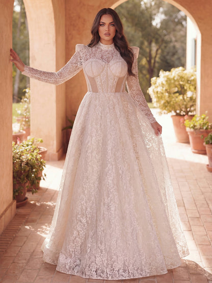 Plus-size white mock neck long-sleeve lace wedding dress, front view