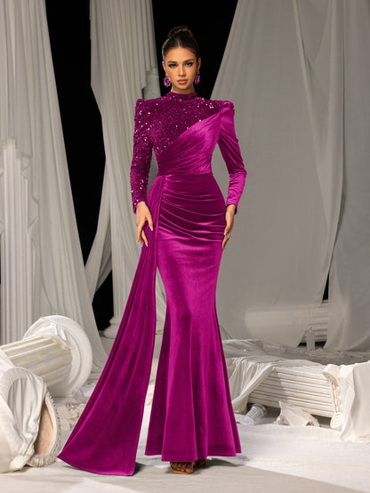 Elegant Velvet Evening Gown with Sequin Detail & Mermaid Silhouette – Luxury Bridal Wear for Weddings or High-End Events, XS-XL