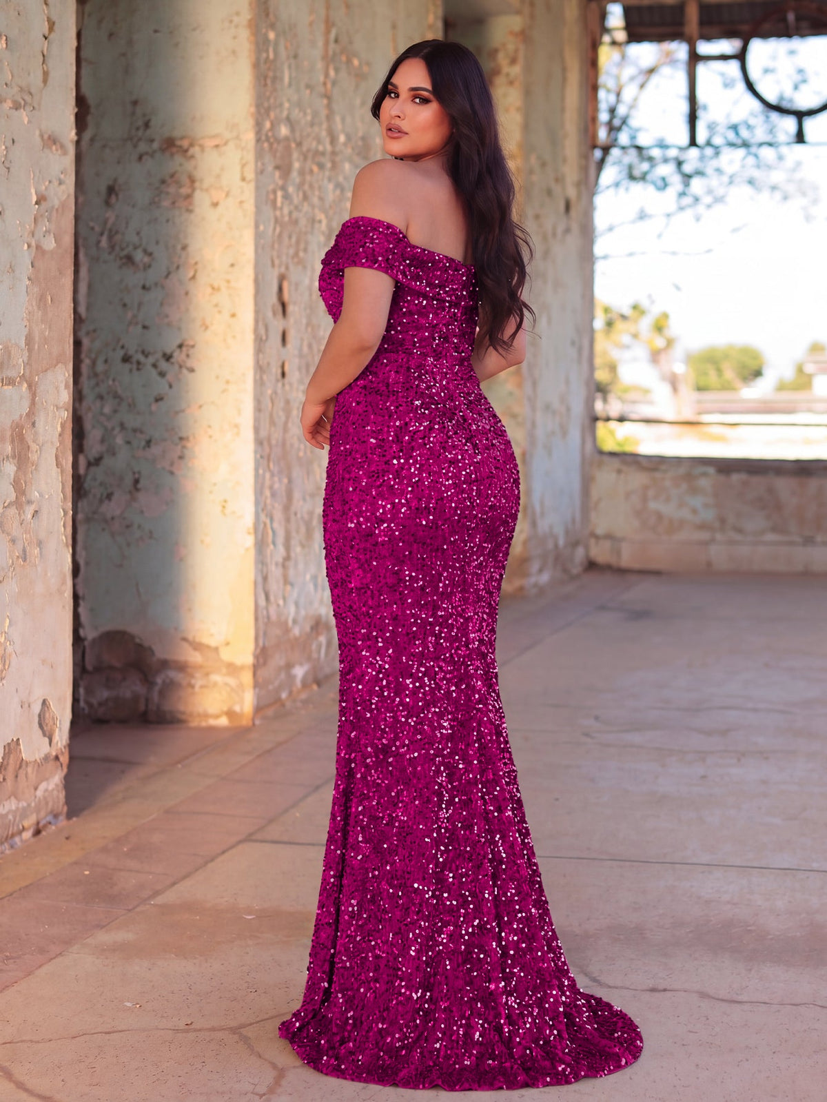 Additional product view of Plus-Size Off-Shoulder Sequin Mermaid Short-Sleeve Evening Gown