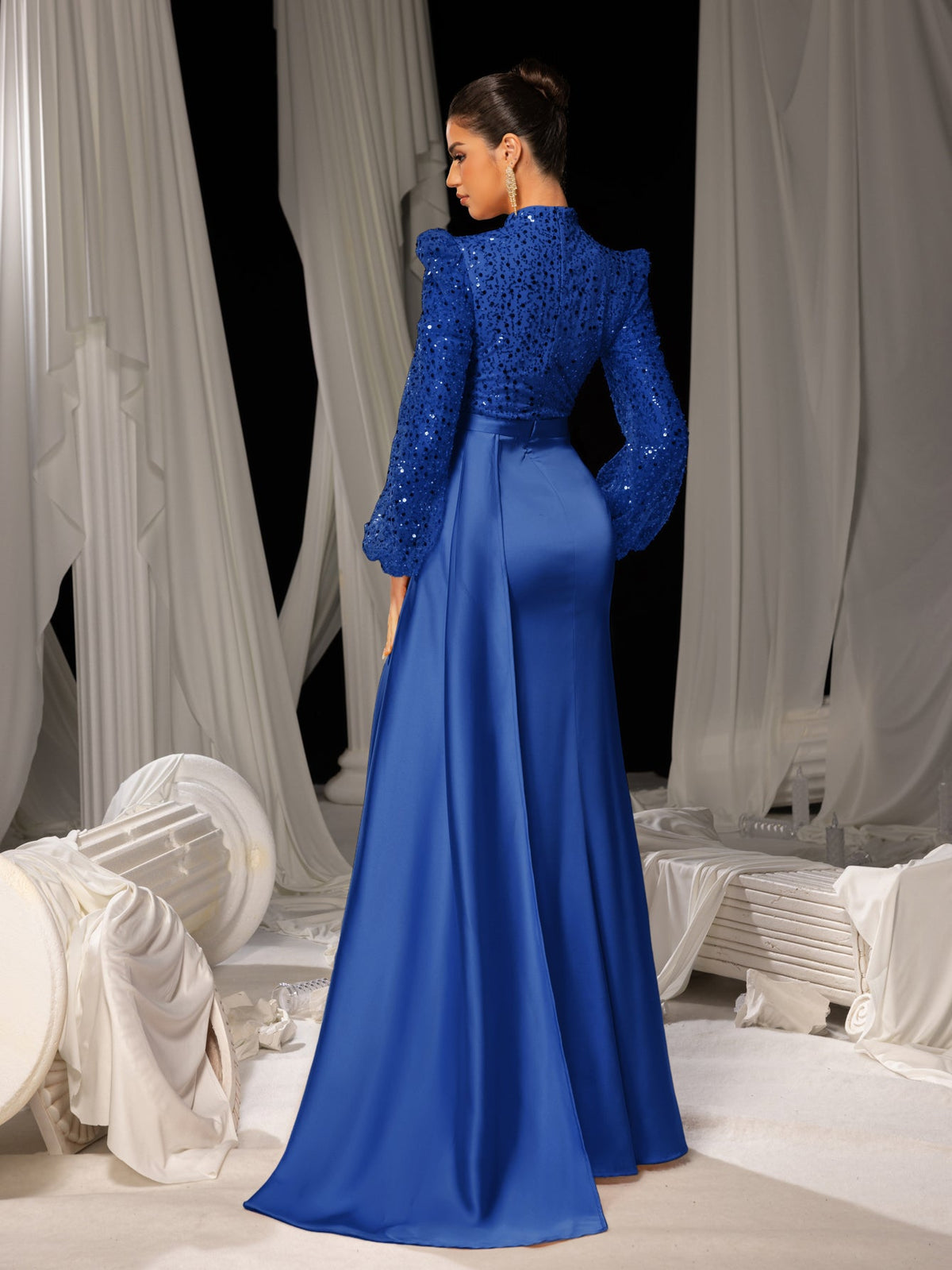 Elegant Satin Evening Gown with High Slit & Crystal-Embellished Sleeves – Luxurious Backdrop for High-End Wedding Receptions or Charity Galas, XS-XL