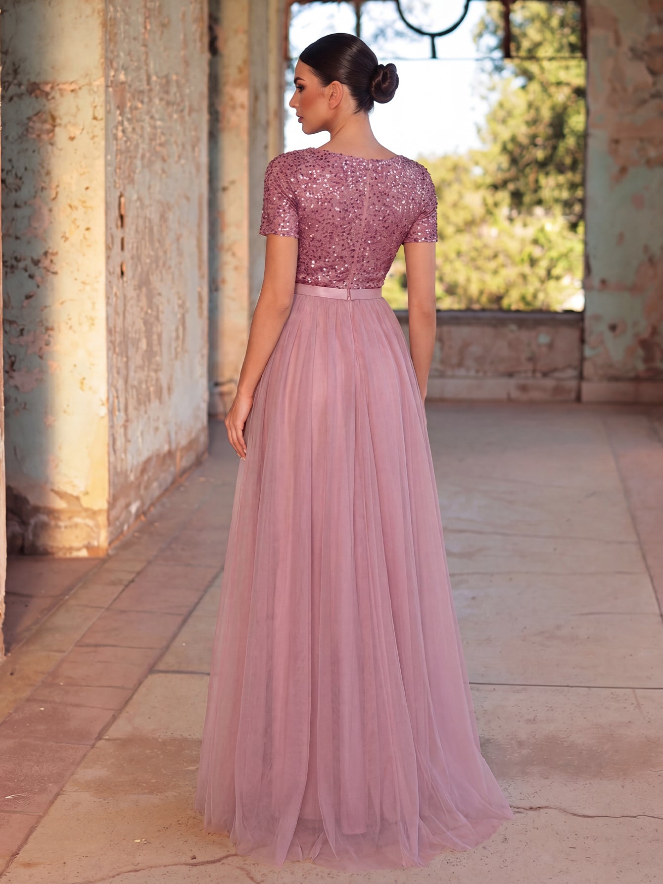 Additional product view of Tulle Skirt Boat-Neck Sequin A-Line Short-Sleeve Evening Gown