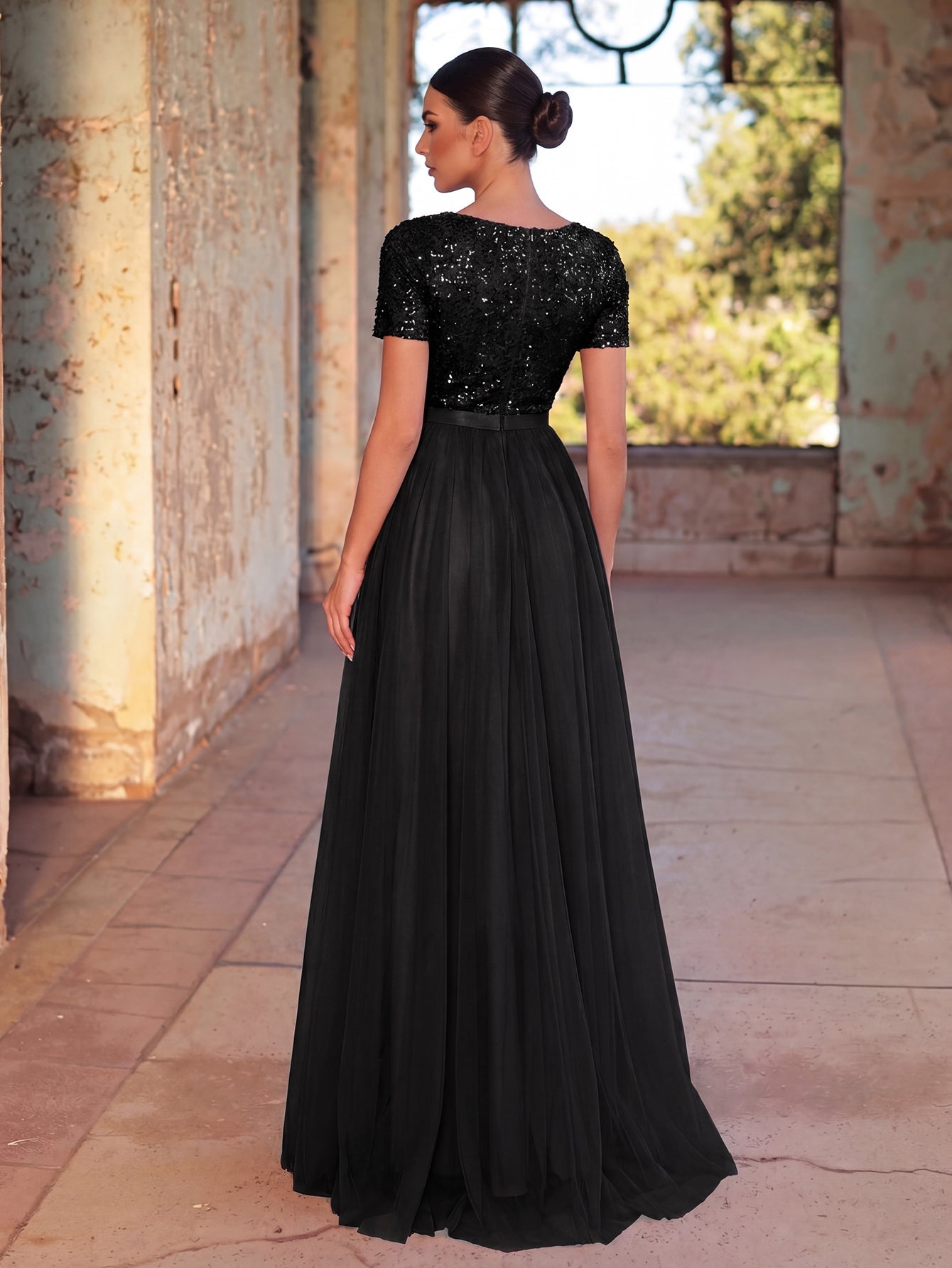 Additional product view of Tulle Skirt Boat-Neck Sequin A-Line Short-Sleeve Evening Gown