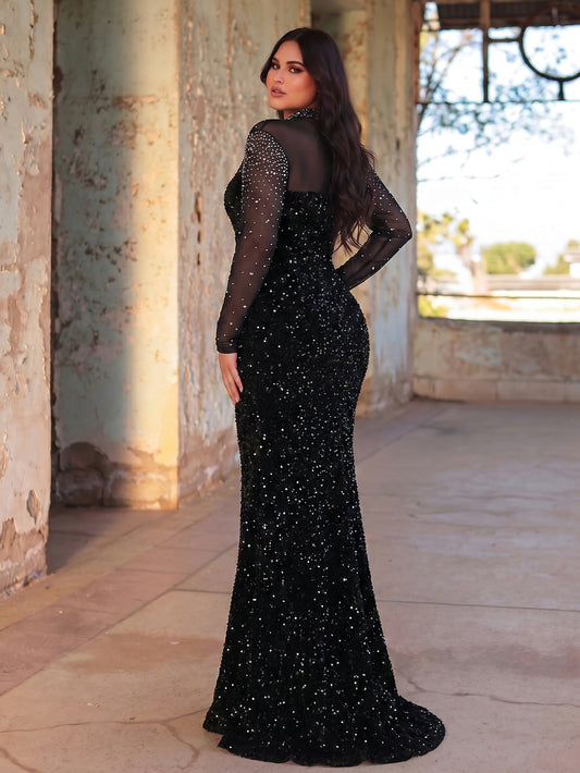 Plus Pearl Decor Mock Neck Sequin Mermaid Dress