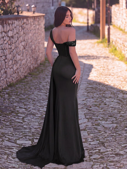 Elegant Asymmetrical Neck Split Mermaid Hem Satin Evening Dress
