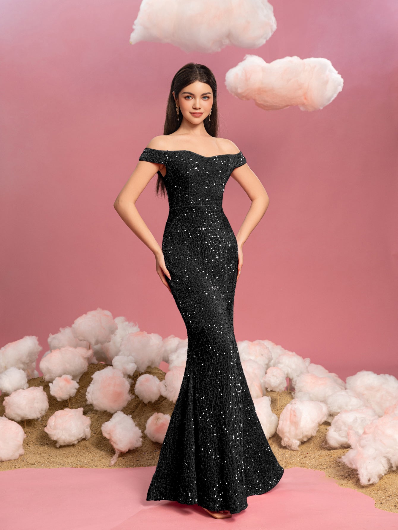 Additional product view of Mermaid Hem Off-Shoulder Sequin Short-Sleeve Maxi Teen Girls' Party Dress